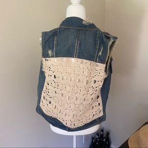 Free people distressed denim jacket with crochet back, size M